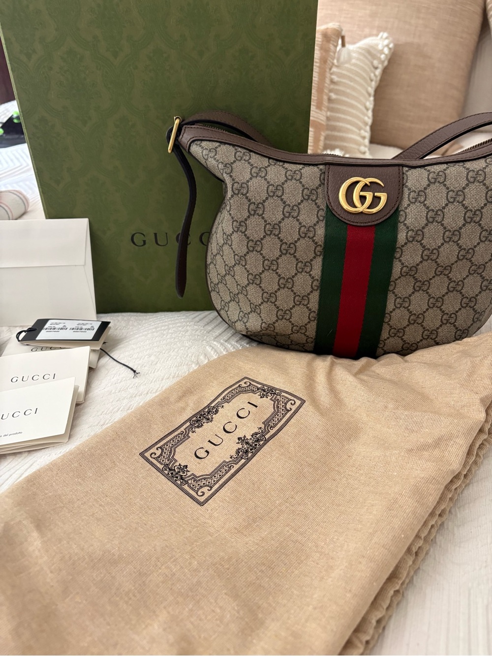 Gucci Beige GG Supreme Shoulder Bag with Green-Red Web & Brown Trim